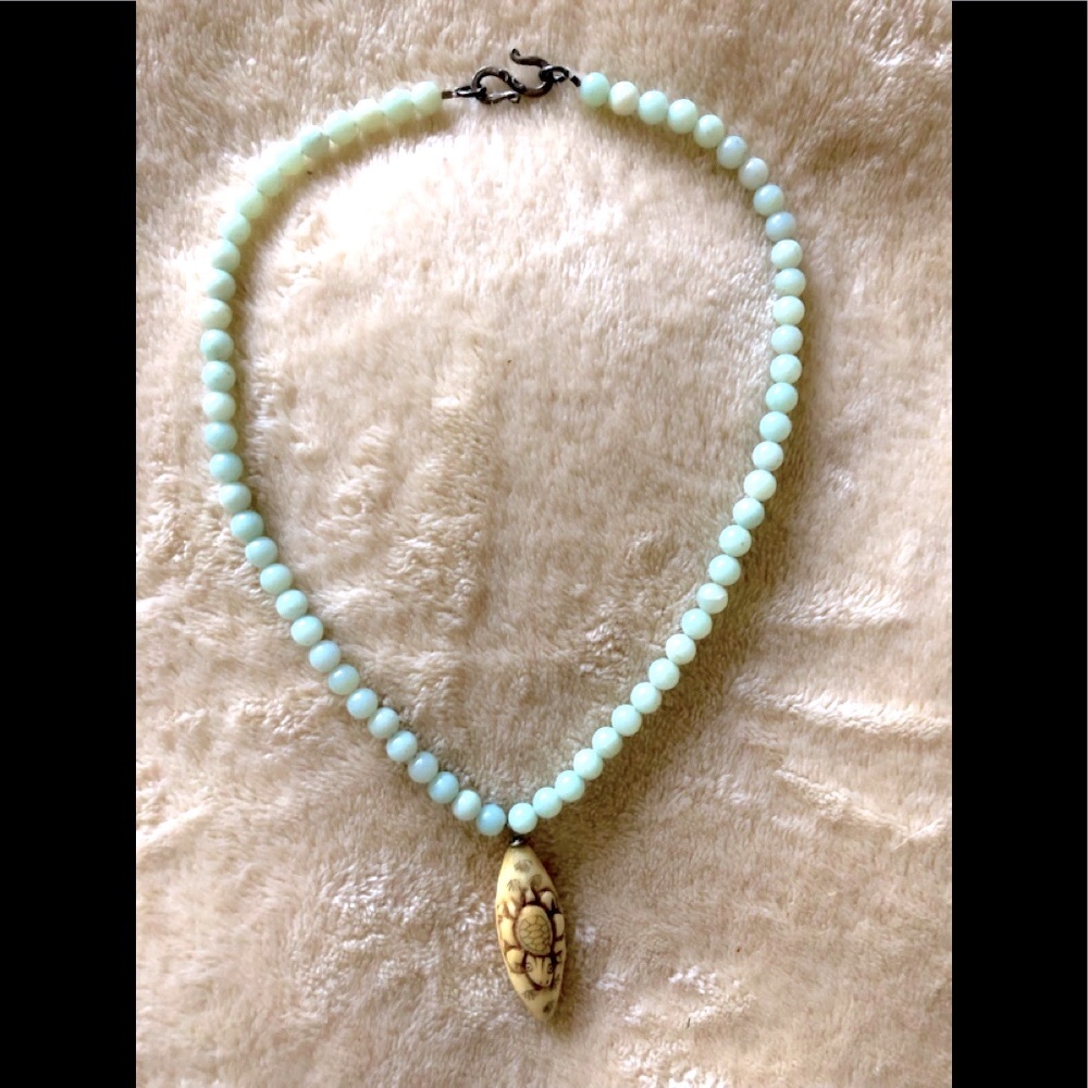 Amazonite and bone carved sea turtle necklace.